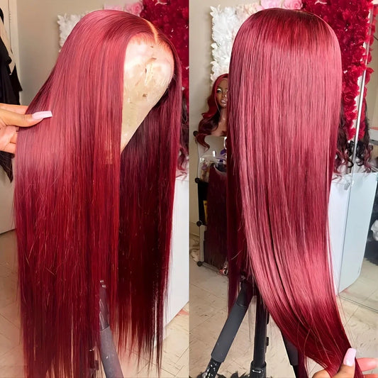 99J Colored Lace Front Human Hair Wigs Straight Burgundy 13x4 Glueless