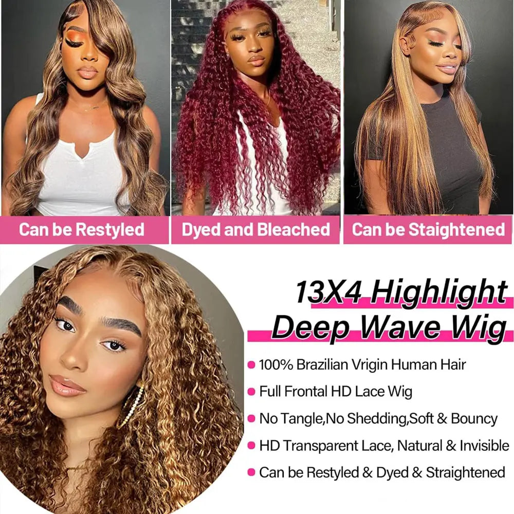 Highlight Curly Wig 13x4 Lace Front Wig Human Hair Wigs Glueless HD Deep Wave