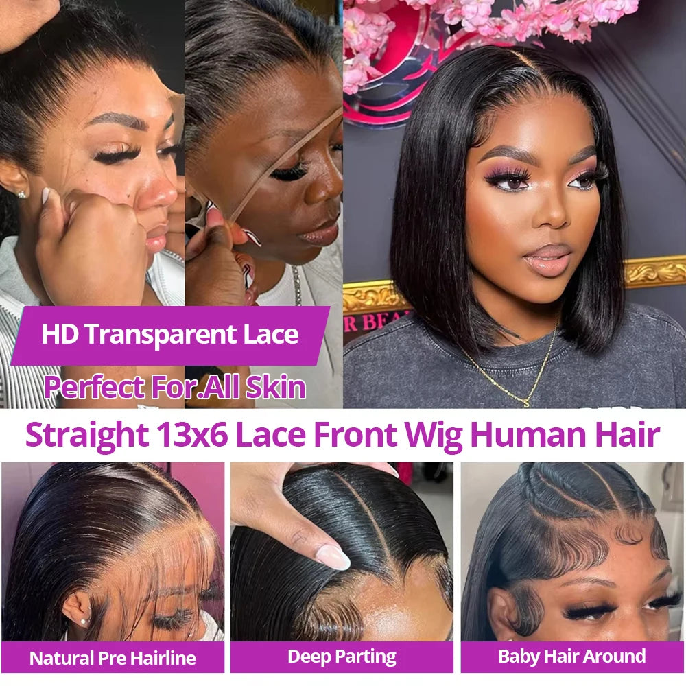 Lace Frontal Wigs Silky Straight Human Hair HD Lace Front Bob Wigs Pre Cut Glueless Straight Bob