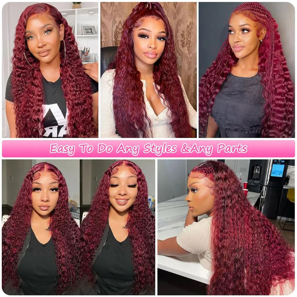 30 Inch Burgundy 99j Deep Wave Frontal Wig Colored Curly Human Hair