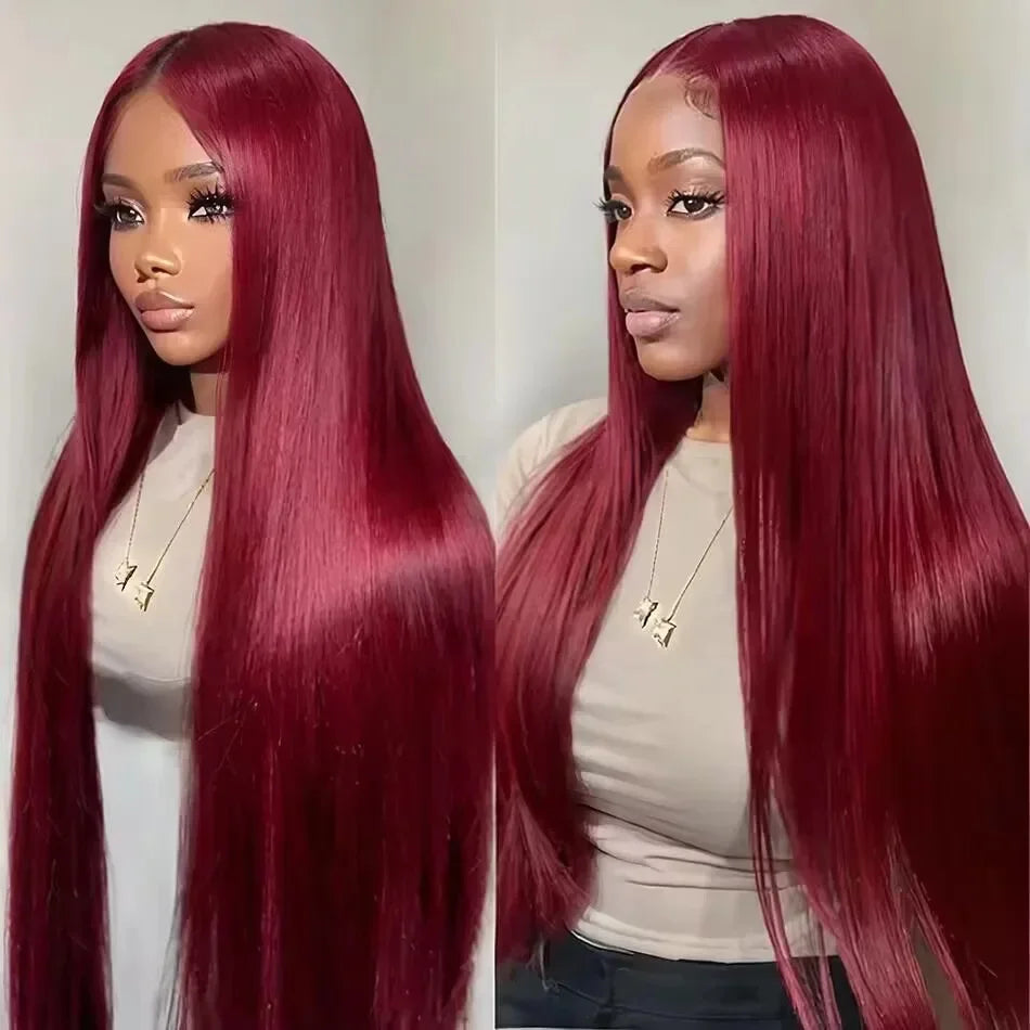 99J Colored Lace Front Human Hair Wigs Straight Burgundy 13x4 Glueless