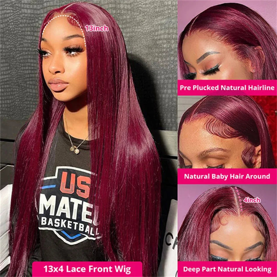 99J Colored Lace Front Human Hair Wigs Straight Burgundy 13x4 Glueless
