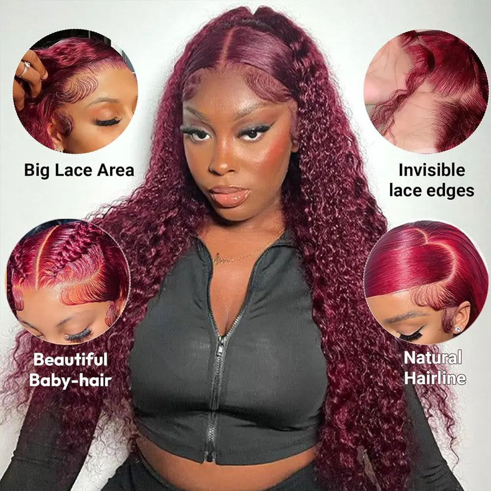30 Inch Burgundy 99j Deep Wave Frontal Wig Colored Curly Human Hair