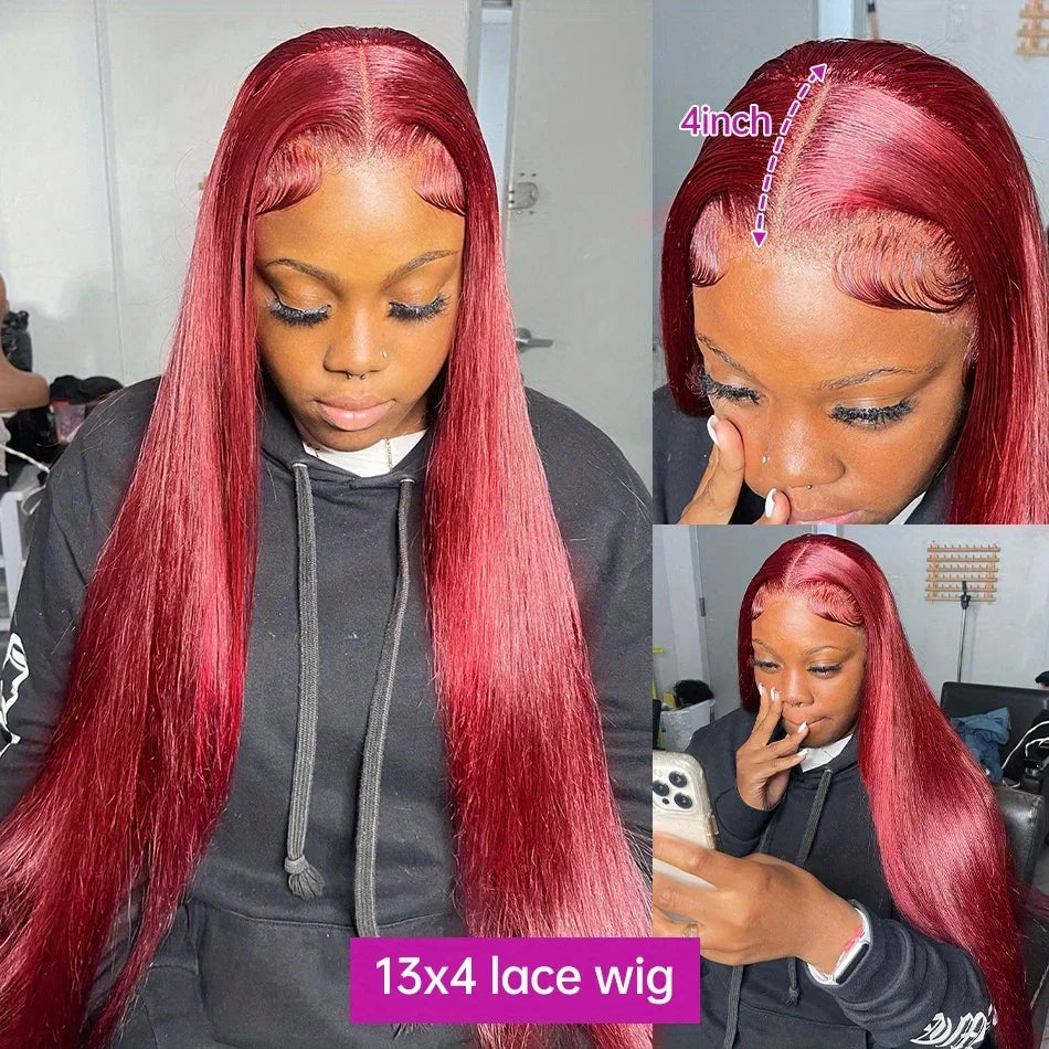 99J Colored Lace Front Human Hair Wigs Straight Burgundy 13x4 Glueless