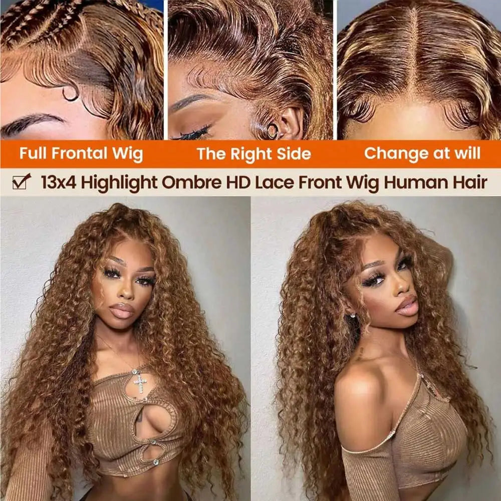 Highlight Curly Wig 13x4 Lace Front Wig Human Hair Wigs Glueless HD Deep Wave
