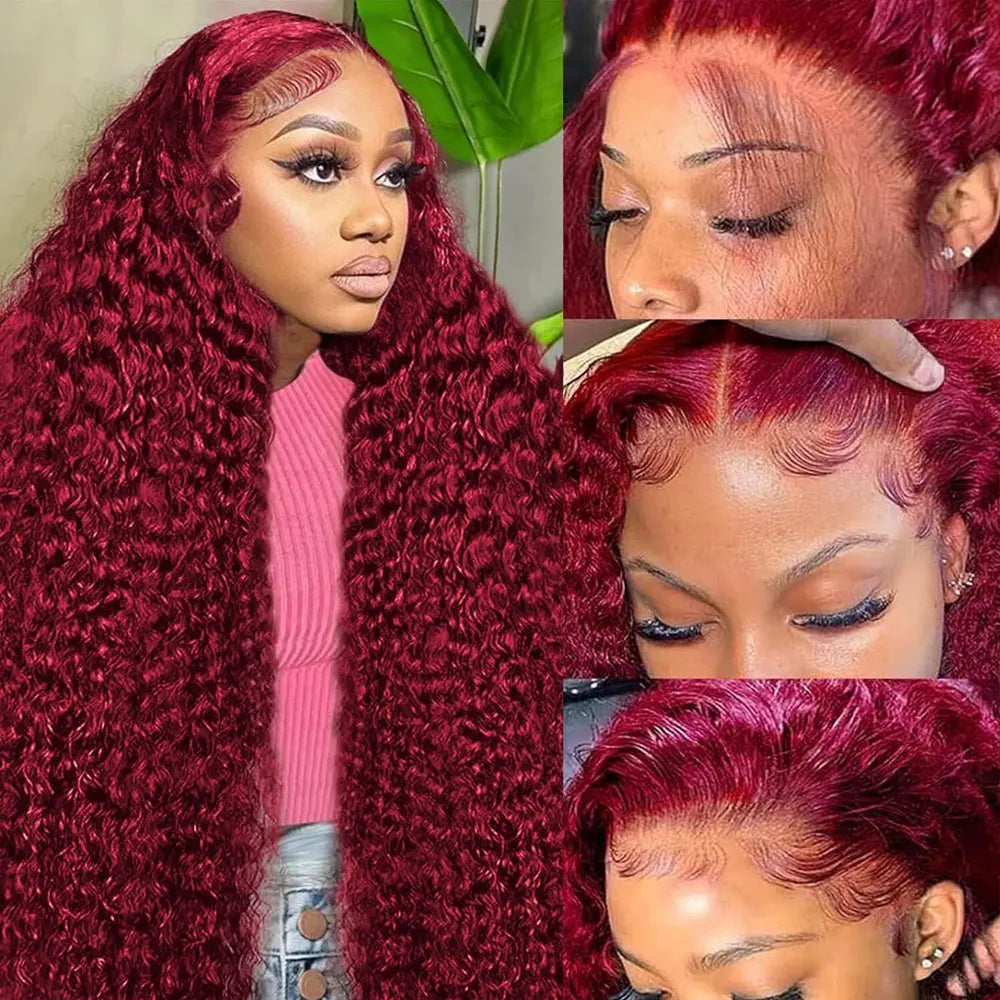 30 Inch Burgundy 99j Deep Wave Frontal Wig Colored Curly Human Hair