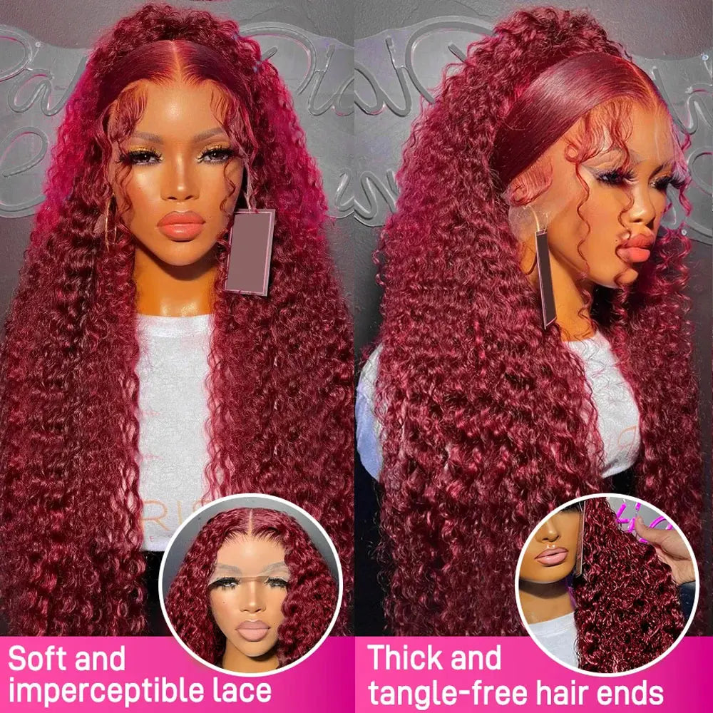 30 Inch Burgundy 99j Deep Wave Frontal Wig Colored Curly Human Hair